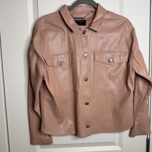 TAHARI Womens Pink Faux Leather Shirt Jacket Medium Snap Front Collared